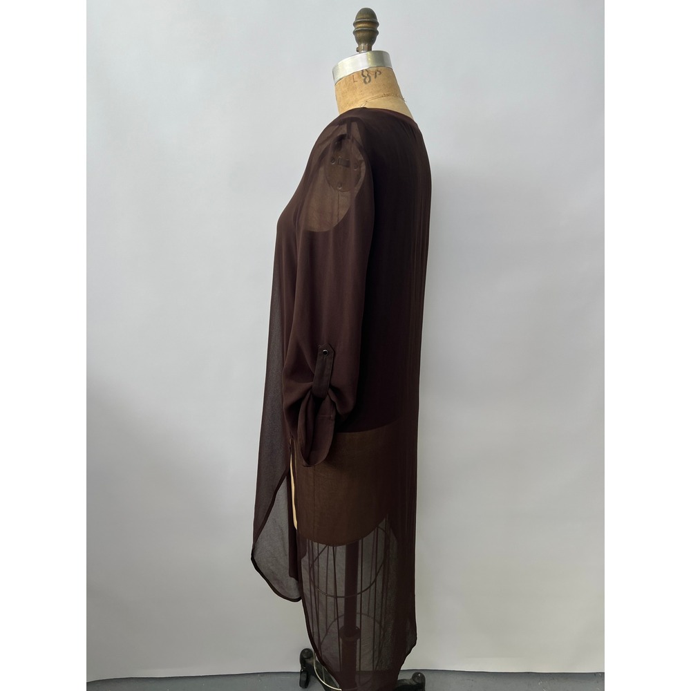 Alberto Makali New York Brown Sheer V-Neck High Low Tunic Roll Tab Sleeve Top - Picture 2 of 6